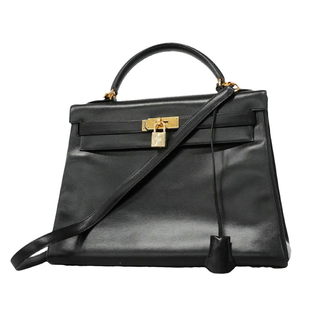 Hermes Kelly 32 Handbag, Box Calf Leather, Black, ○W Stamp, 2-way Bag for Women